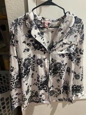 Victoria's Secret White Satin Button-Down Top with Black Floral Print